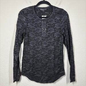 Generation Love Large Lana Foil Lace Top Blouse Black Shimmer Cotton Long Sleeve